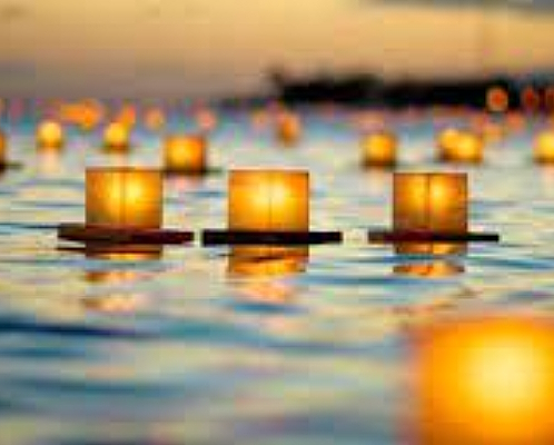 Lighted candles floating on the water